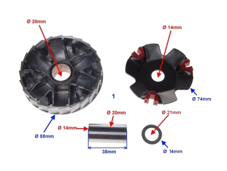 Variomat (variator) s povratnjo vzmetjo, pušo in tremi seti valjčkov WM Tuning GY6 CHINA 4T