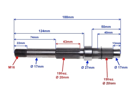 Zobniška gred pogona WM motor 152QMI 19 zobov 188mm